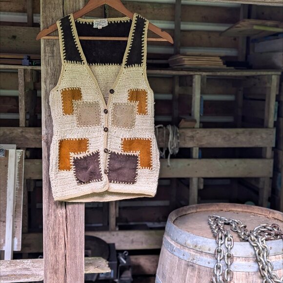 Vintage Grandmacore Crochet and Suede Patchwork Vest - Picture 6 of 8